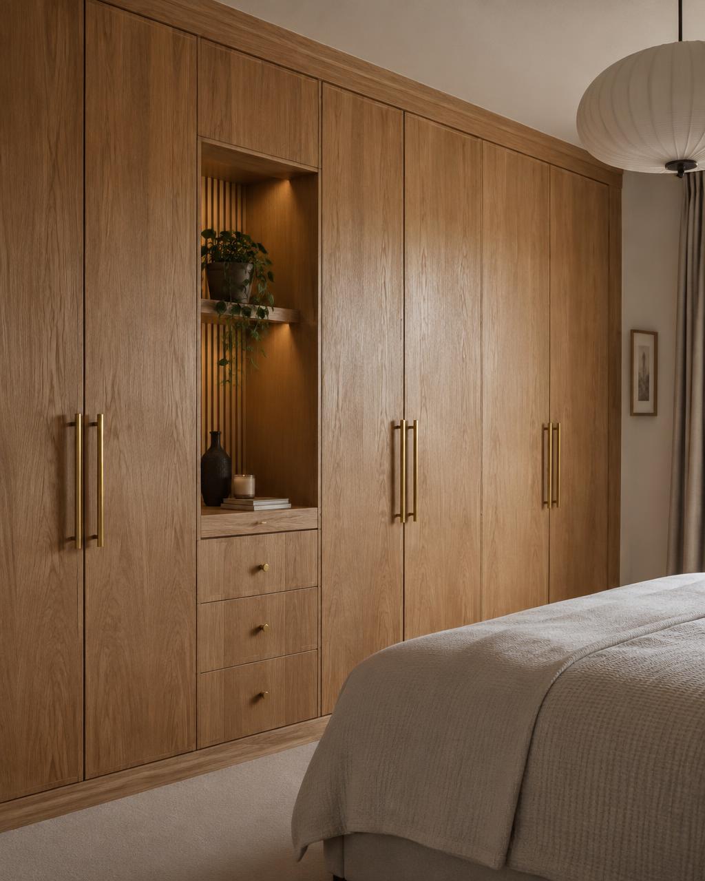 Bespoke oak fitted wardrobe with brass handles in a rose-toned bedroom