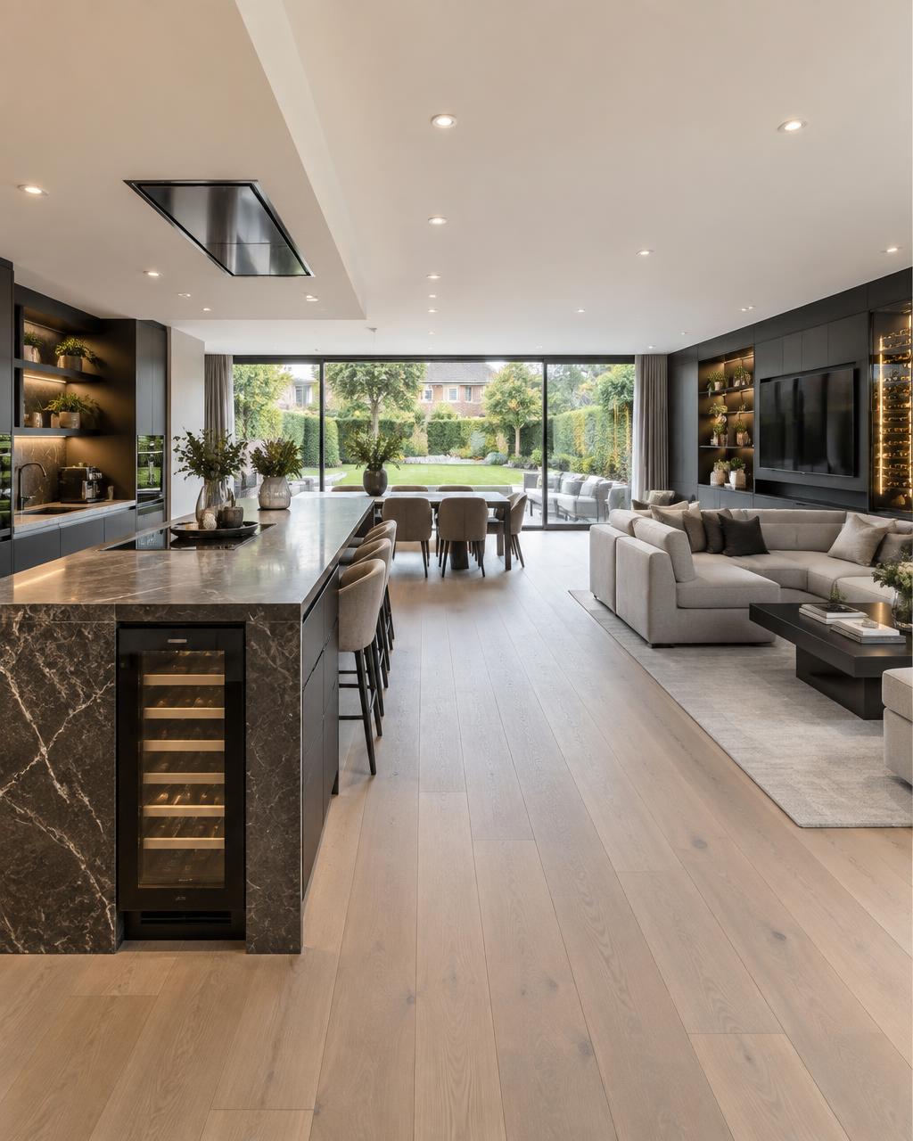 Open-plan kitchen, dining and living space with sage-green island, oak table and garden doors