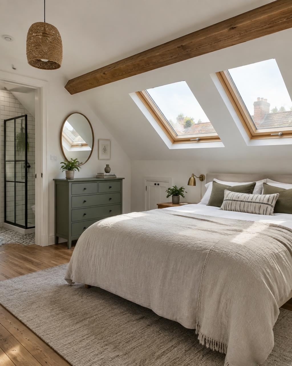 Finished loft conversion bedroom with oak rafters and skylights